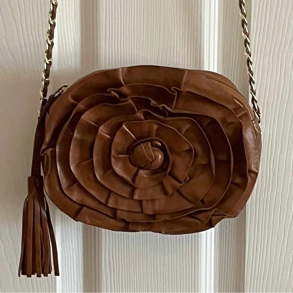 Nordstrom Brown Leather Flower Rosette Crossbody Bag - Picture 1 of 6
